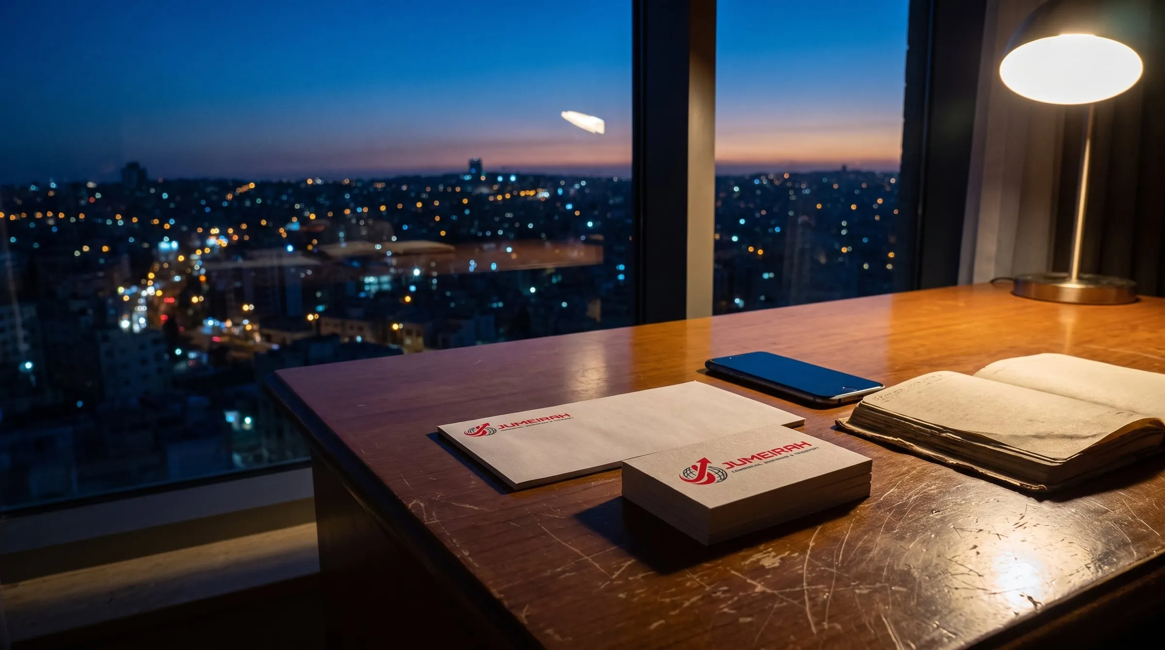 Jumeirah business cards and letterhead on a desk overlooking Amman.
