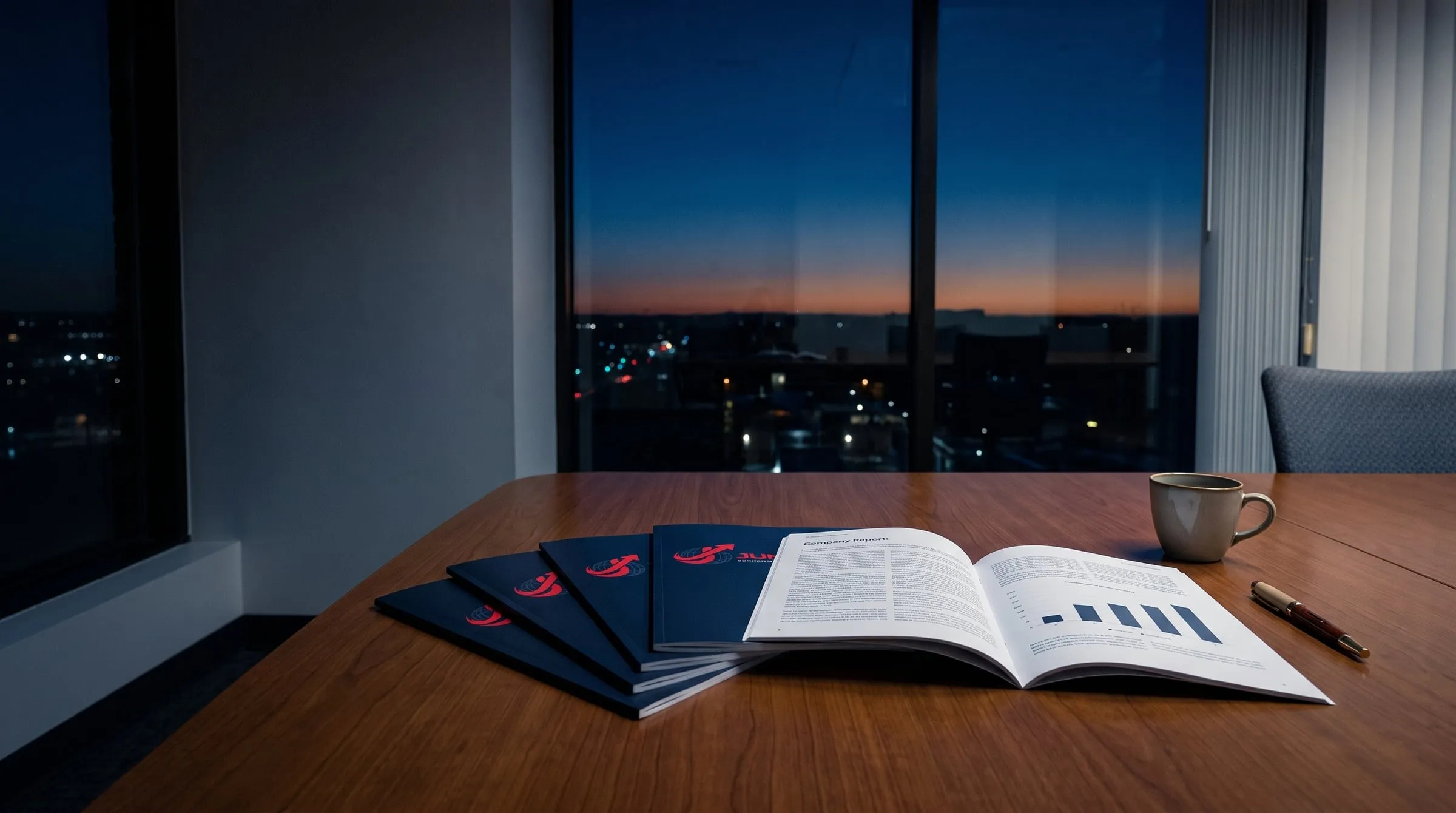 Printed Jumeirah company reports on a meeting-room table.